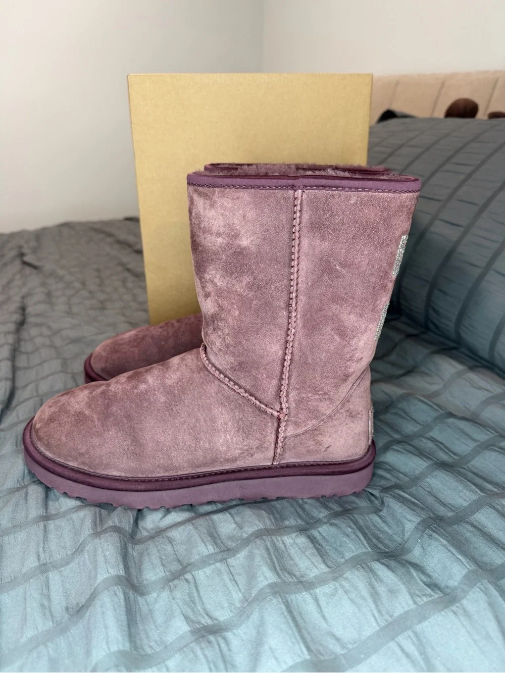 UGG Women's Purple Suede Short Boots with Swarovski Crystal Bow Bling Accents